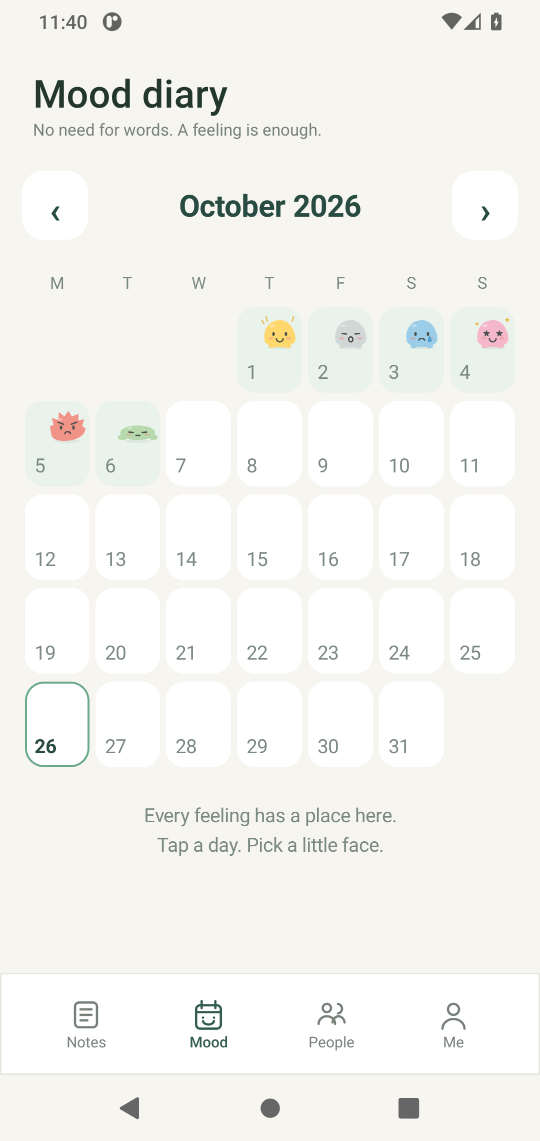 Sayback mood calendar preview, showing six moods and a monthly calendar